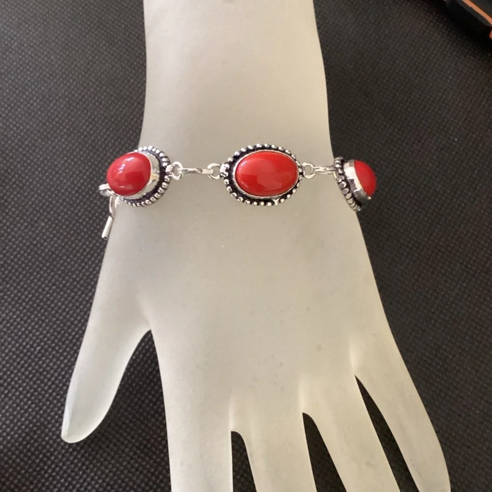 Sterling Silver 925 Coral Link Chain Bracelet - Picture 3 of 12